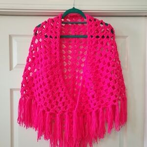 Vibrant Pink Crochet Shawl with Fringe